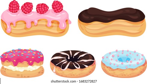 Glazed Doughnuts and Eclair Made from Choux Pastry Vector Set