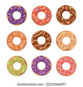 Glasierte Donuts-Set. Sammlung von grafischen Elementen für die Website. Dessert und Delikatesse, Feinschmecker. Süßigkeiten und Café-Metapher. Cartoon-FlachVektorgrafiken einzeln auf weißem Hintergrund