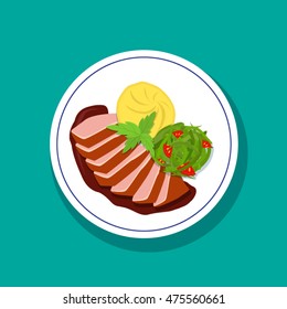 Glazed duck fillet, mashed potatoes,salad in flat