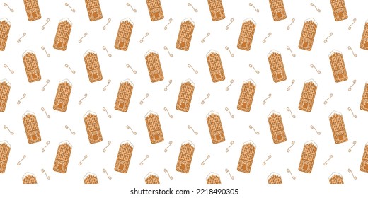 Glazed gingerbread houses background. Traditional winter biscuit cookies with ornament seamless pattern. Christmas or New Year scrapbooking or wrapping paper or fabric design. Vector flat illustration