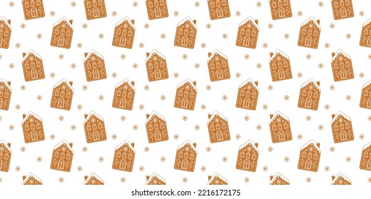 Las casas de pan de jengibre con vidrios sin costura. Galletas tradicionales de galletas de invierno con adorno. Papel de envasado, papel textil o de servilleta de Navidad o Año Nuevo. Ilustración plana del vector