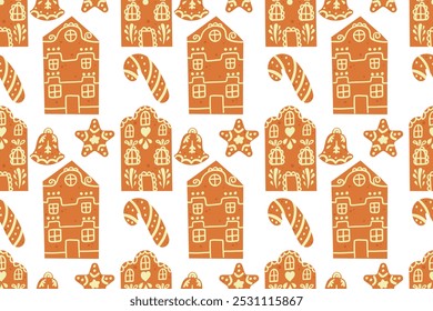 El pan de jengibre esmaltado alberga un patrón sin fisuras. Galletas tradicionales de invierno con adorno. Navidades o Nuevo año scrapbooking o papel de embalaje, textil o diseño de servilleta. Ilustración plana de Vector