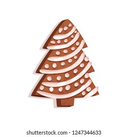 Glazed gingerbread in the shape of a Christmas tree, holifay symbol, New Year decoration vector Illustration on a white background