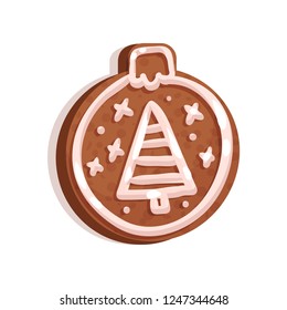 Glazed gingerbread in the shape of Christmas tree toy, holiday symbol, New Year decoration vector Illustration on a white background