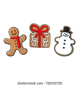 Glazed gingerman, snowman present box Christmas gingerbread cookies, sketch vector illustration isolated on white background. Christmas gingerbread cookie in shape of gingerman, snowman, present box
