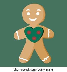 Glazed gingerman-shaped homemade Christmas gingerbread cookie, sketch style vector illustration isolated on green background.