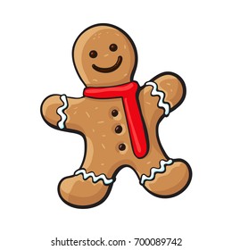 Glazed gingerman-shaped homemade Christmas gingerbread cookie, sketch style vector illustration isolated on white background. 