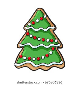 Glazed homemade Christmas tree gingerbread cookie, sketch style vector illustration isolated on white background. Christmas glazed gingerbread cookie in shape of decorated Xmas tree