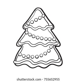Glazed homemade Christmas tree gingerbread cookie, sketch style vector illustration isolated on white background. black and white cookie in shape of decorated Xmas tree