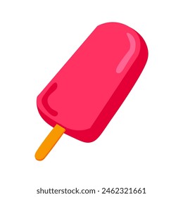 Glazed ice cream on stick drawn by child. Bright childish careless strawberry popsicle drawing for design of festive spring banner. Flat hand drawn vector element isolated on white background