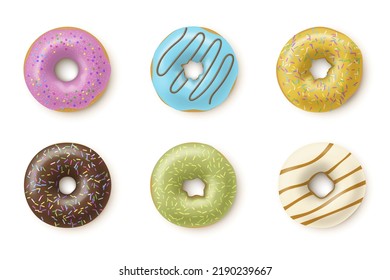 La glaseada de los donuts color de los círculos horneados de la vista superior conjunto de ilustración vectorial realista. Dulce azúcar cortando dulces dulces doughnut chocolate de fresa crema de postre delicioso. Menú pastelería