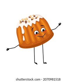 Glazed muffin with nut sprinkles. Fresh pastries for breakfast or snack for tea and coffee. Easter cake for spring holiday. Vector flat illustration