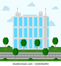 A glazed office building with a landscape around it. Vector illustration on a sky blue background.