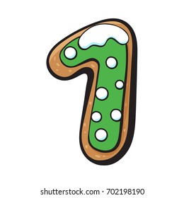 Glazed one, 1 number shaped homemade Christmas gingerbread cookie, sketch vector illustration isolated on white background. Decorated Christmas glazed gingerbread cookie in shape of one, 1 number