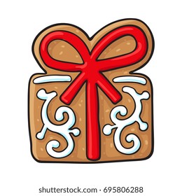 Glazed present, gift box shaped homemade Christmas gingerbread cookie, sketch style vector illustration isolated on white background. Christmas glazed gingerbread cookie in shape of present, gift box