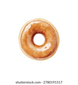 A glazed ring donut with glossy caramel glaze and golden brown crust
