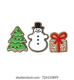 Glazed snowman, Christmas tree, present box gingerbread cookies, sketch vector illustration isolated on white background. Christmas gingerbread cookies in shape of snowman, present box, Xmas tree