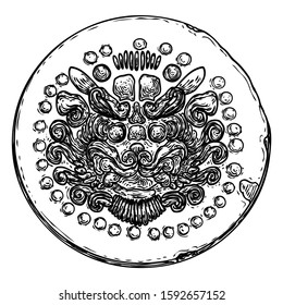Glazed stone tiles from China during Zhou Dynasty. Used as a material for roofs in the house. Hand drawing picture of lion, tiger or dragon creature. Vector.