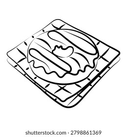 Glazed sweet donut served on a square checkered napkin grid. Fresh bakery pastry serving. Vector illustration