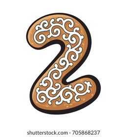 Glazed two, 2 number shaped homemade Christmas gingerbread cookie, sketch vector illustration isolated on white background. Decorated Christmas glazed gingerbread cookie in shape of two, 2 number