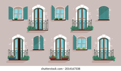 Ventanas y balcones acristalados en la fachada gris de la casa ilustración vectorial plana