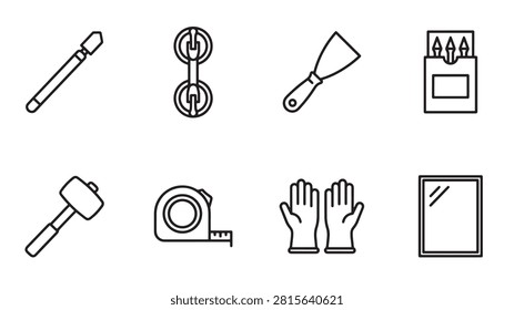 Glazier tools line icon set with glass cutter