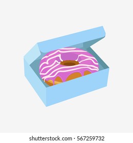 Glazing Donut with cream in box isolated on white background. Flat vector stock illustration