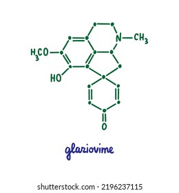 Fórmula vectorial dibujada a mano Glaziovime estructura química con letras plantas verdes azules