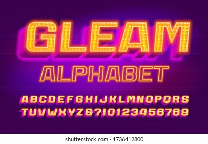 Gleam alphabet font. 3D bright letters, numbers and symbols. Retro-futuristic vector typeface for your typography design.
