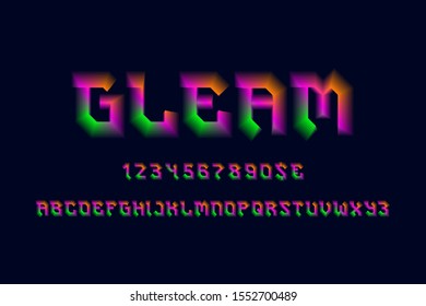 Gleam alphabet with numbers and currency signs. Luminous iridescent font.