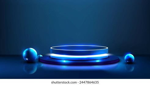 Gleaming circular display and orbs against a navy backdrop; ideal for showcasing products on a reflective, futuristic platform. Round podium and neon balls on dark blue background.  Vector illustratio