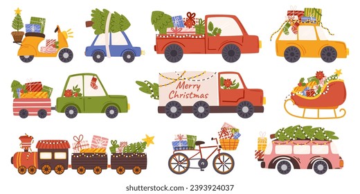 Gleaming With Festive Lights, Decorated Christmas Cars Spread Joy Through Snowy Streets, Carrying Trees on Roofs and Spirit Of The Season With Merry Tunes And Laughter. Cartoon Vector Illustration