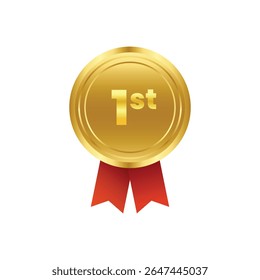 A gleaming gold medal, signifying first place, dominates the composition against a stark white background. 