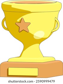 Gleaming gold trophy adorned with star, resting atop wooden base, symbolizing achievement, success and recognition in competitions or awards. Vector illustration.