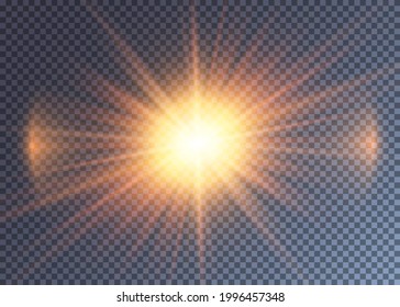 Sol vectorial naranja brillante con lente. Efecto de explosión realista en el espacio ultraterrestre.