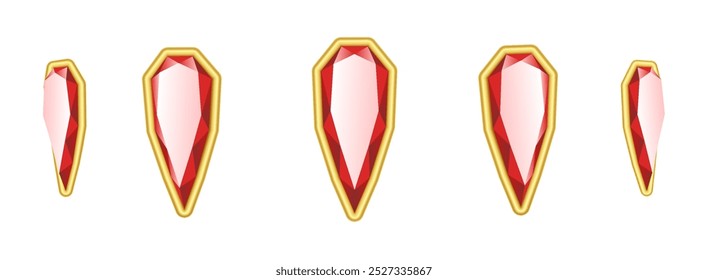 Gemas vermelhas brilhantes adornadas com bordas douradas giram conjunto de ilustração de vetor realista. Modelos valiosos gemstones 3d sobre fundo branco