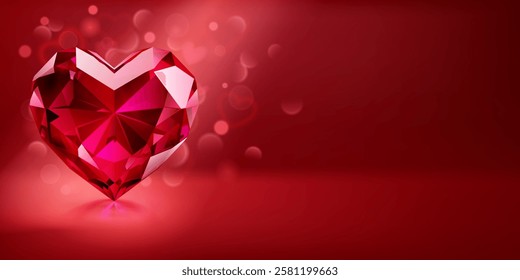 A gleaming red heart-shaped gemstone is set against a gradient red background with scattered light effects, adding a romantic and elegant atmosphere.