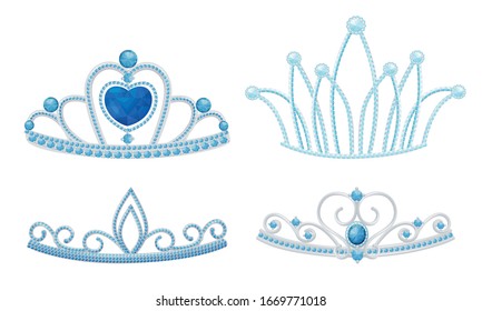 Gleamy Princess Crowns or Diadems with Precious Stones Vector Set