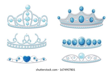 Gleamy Princess Crowns or Diadems with Precious Stones Vector Set