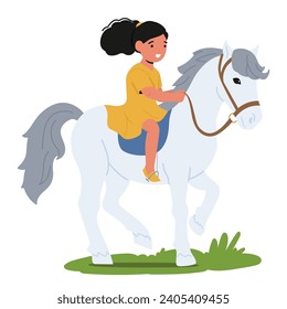 Gleeful Little Girl Joyfully Rides Her Horse Across A Sunlit Summer Field, Kid Character and her Pet Share A Carefree Moment Beneath The Warm Sky. Cartoon People Vector Illustration