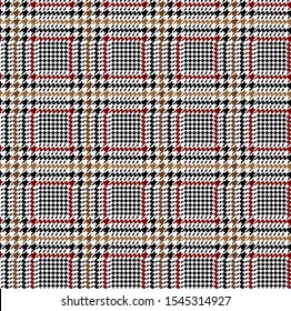 Glen check pattern in black, brown and red color. Stylish hounds tooth plaid background.