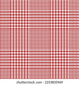 Glen check pattern. Plaid of geometric print in red and white cage. Goose foot. Houndstooth tartan tweed. Dogs tooth. Scottish cage. Seamless fabric texture. Vector illustration