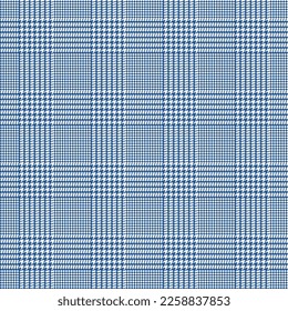 Glen check pattern. Plaid of geometric print in blue and white cage. Goose foot. Houndstooth tartan tweed. Dogs tooth. Scottish cage. Seamless fabric texture. Vector illustration