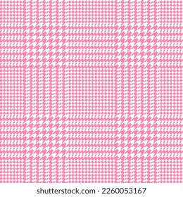 Glen check pattern. Plaid of geometric print in pink and white cage. Goose foot. Houndstooth tartan tweed. Dogs tooth. Scottish cage. Seamless fabric texture. Vector illustration