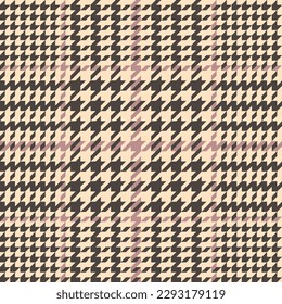 Glen check pattern. Plaid of geometric print in brown, pink and beige cage. Goose foot. Houndstooth tartan tweed. Dogs tooth. Scottish cage. Seamless fabric texture. Vector illustration