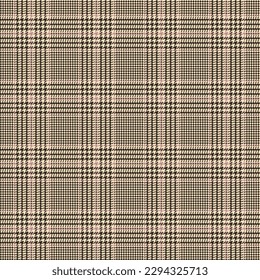 Glen check pattern. Plaid of geometric print in brown, pink and beige cage. Goose foot. Houndstooth tartan tweed. Dogs tooth. Scottish cage. Seamless fabric texture. Vector illustration