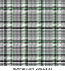 Glen check pattern. Plaid of geometric print in green, black and white cage. Goose foot. Houndstooth tartan tweed. Dogs tooth. Scottish cage. Seamless fabric texture. Vector illustration