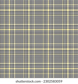 Patrón de verificación de la luz. Impresión geométrica en jaulas amarillas, negras y blancas. Pie de ganso. Tartan de gallo tuiteó. Diente de perros. Jaula escocesa. Textura de tela sin fisuras. Ilustración del vector