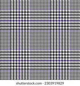 Glen check pattern. Plaid of geometric print in violet, black and white cage. Goose foot. Houndstooth tartan tweed. Dogs tooth. Scottish cage. Seamless fabric texture. Vector illustration