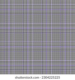 Prüfmuster auf dem Rücken. Plaid of geometric print in violettem, schwarz-weißem Käfig. Gänsefuß. Houndstooth Tweed Tweed. Hundezahn. Schottischer Käfig. Nahtlose Textur. Vektorgrafik